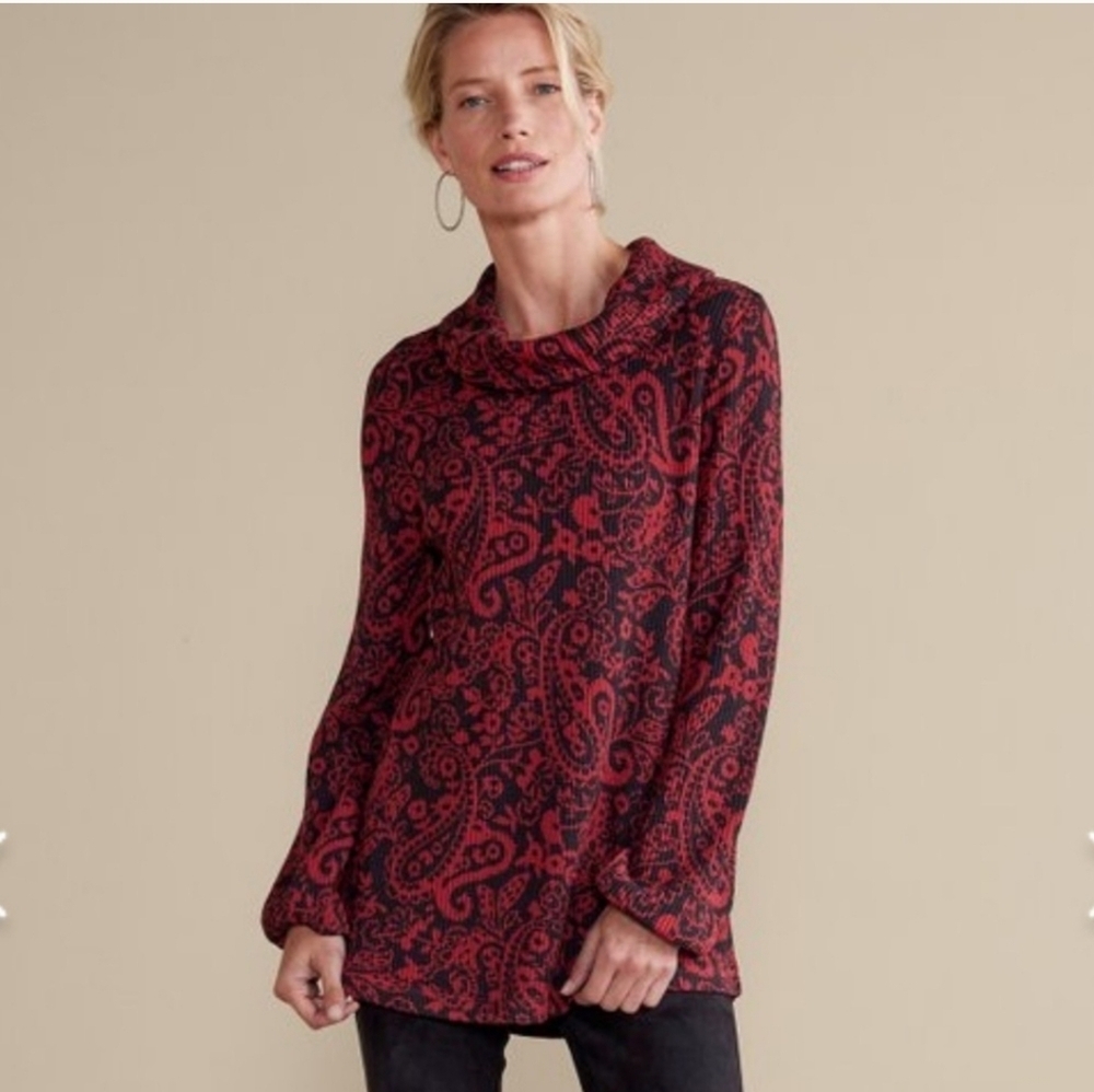 Soft‎ Surroundings Kendra Red/Black Paisley Waffle Knit Tunic Top L